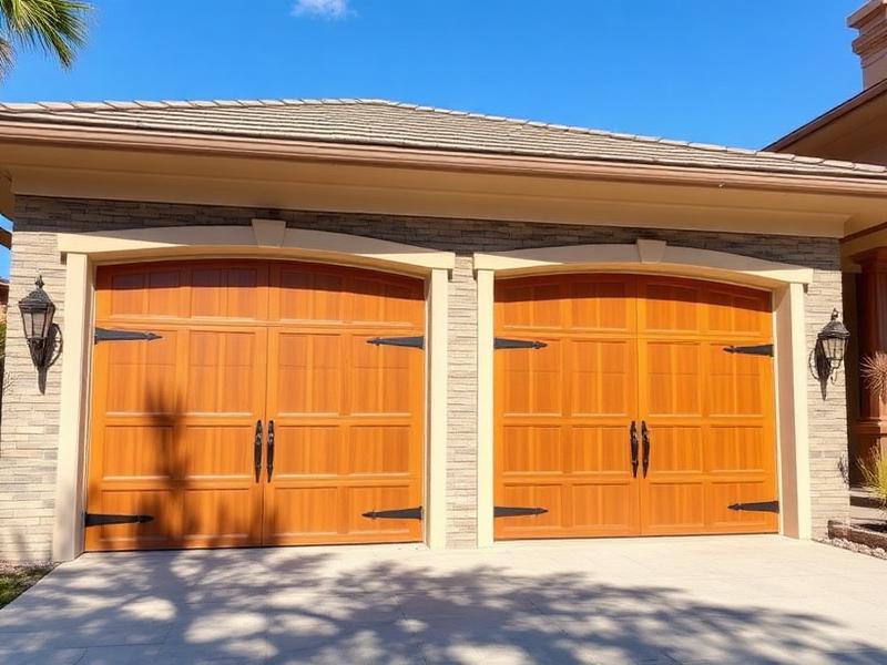 Beautiful carriage-style garage doors with decorative hardware on upscale home