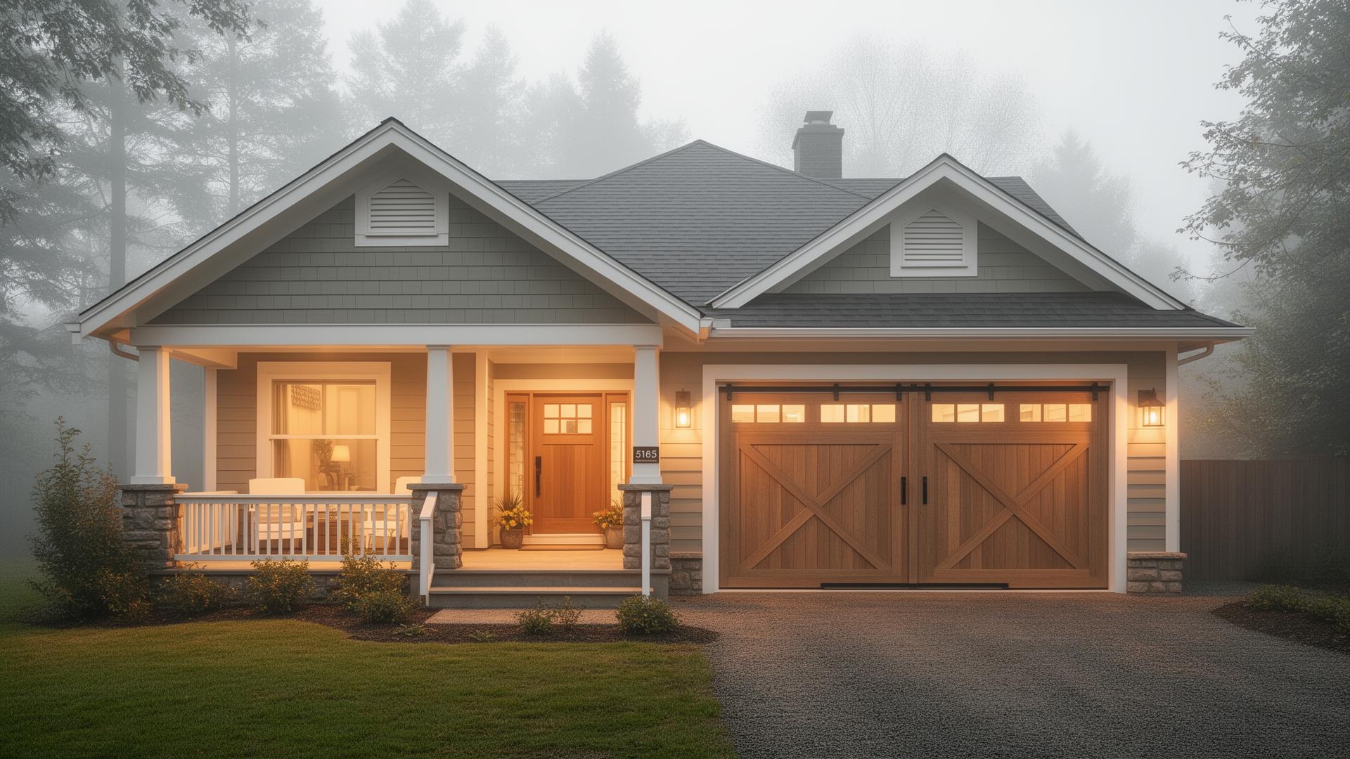 Beautiful craftsman bungalow with farmhouse barn-style garage doors featuring X-pattern design